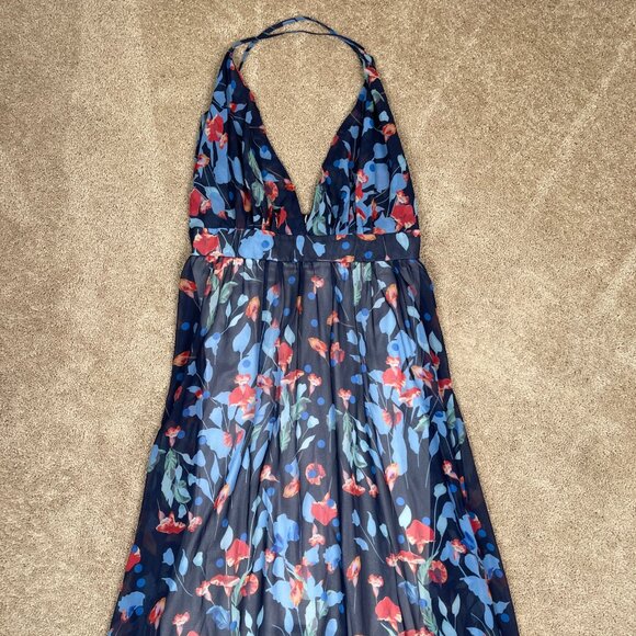 Handmade Maxi Dress Womens XXL Blue Floral Plunge Neck Open Back Beach Long Tall - Picture 2 of 7